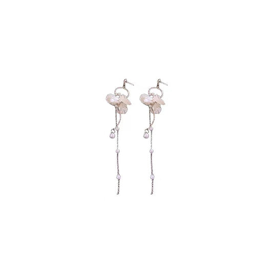 diamonds shell pearl tassel earrings